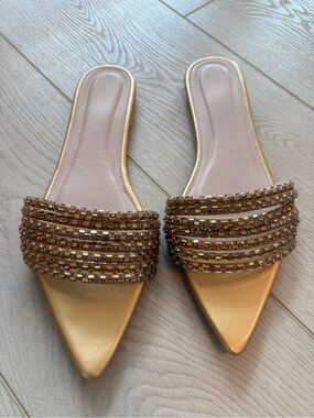 Sparkly Gold Rhinestone Pointed Toe Mule Flats | Size 41